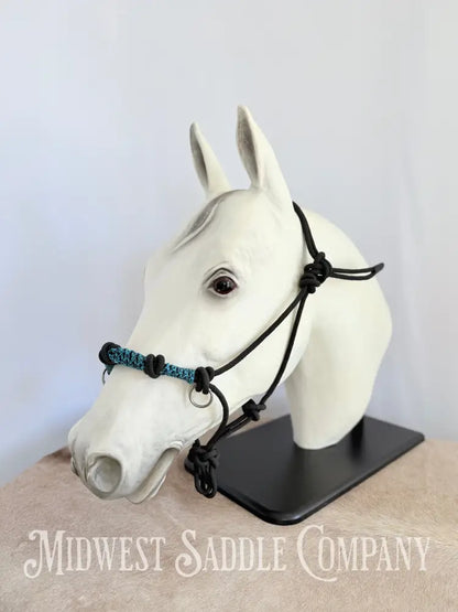 Custom Braided Rope Halter Side Pull 4 Knots Blue - Horse Size Halter