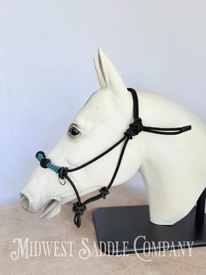 Custom Braided Rope Halter Side Pull 4 Knots Blue - Horse Size Halter