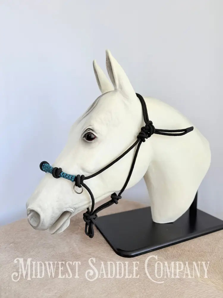 Custom Braided Rope Halter Side Pull 4 Knots Blue - Horse Size Halter