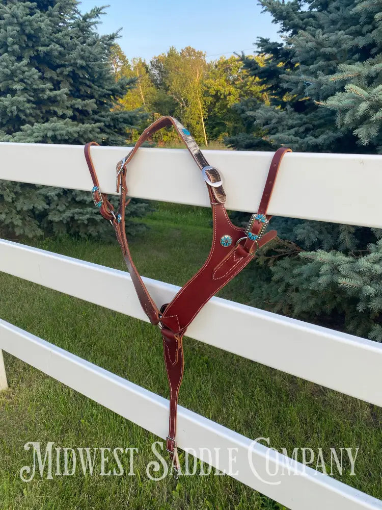 Heavy Duty Contoured Horse Breast Collar W/ Hair On Hide Wither Strap Turquoise Ranch Working Tack