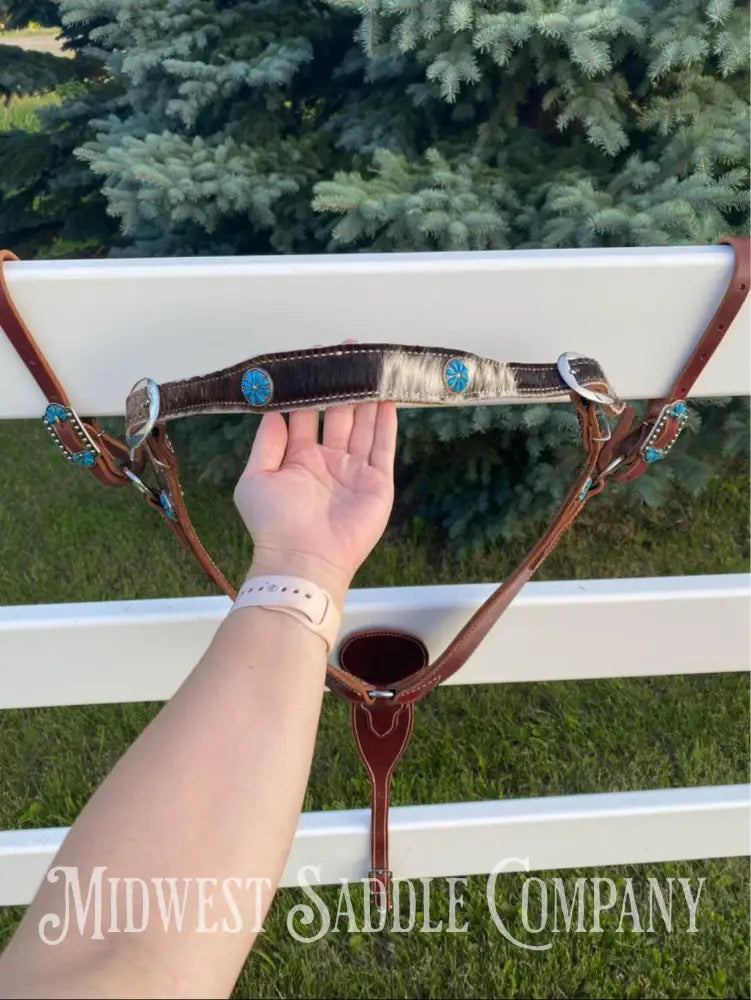 Heavy Duty Contoured Horse Breast Collar W/ Hair On Hide Wither Strap Turquoise Ranch Working Tack