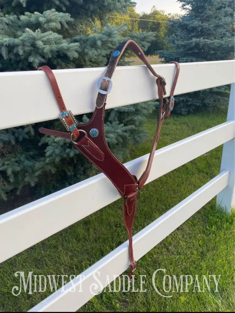 Heavy Duty Contoured Horse Breast Collar W/ Hair On Hide Wither Strap Turquoise Ranch Working Tack