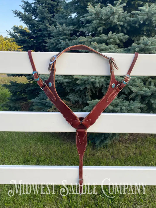 Heavy Duty Contoured Horse Breast Collar W/ Hair On Hide Wither Strap Turquoise Ranch Working Tack
