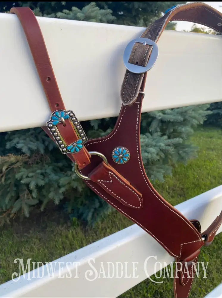 Heavy Duty Contoured Horse Breast Collar W/ Hair On Hide Wither Strap Turquoise Ranch Working Tack