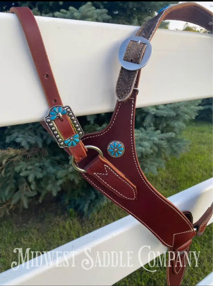 Heavy Duty Contoured Horse Breast Collar W/ Hair On Hide Wither Strap Turquoise Ranch Working Tack