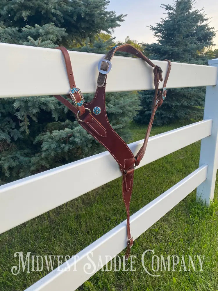 Heavy Duty Contoured Horse Breast Collar W/ Hair On Hide Wither Strap Turquoise Ranch Working Tack