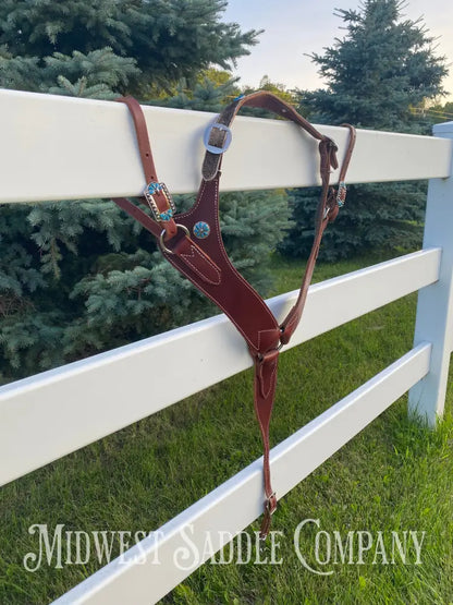 Heavy Duty Contoured Horse Breast Collar W/ Hair On Hide Wither Strap Turquoise Ranch Working Tack