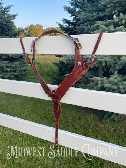 Heavy Duty Contoured Horse Breast Collar W/ Hair On Hide Wither Strap Turquoise Ranch Working Tack