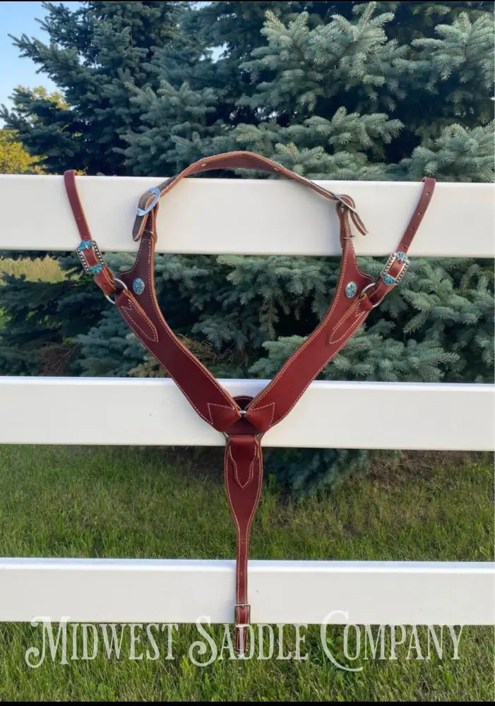 Heavy Duty Contoured Horse Breast Collar W/ Hair On Hide Wither Strap Turquoise Ranch Working Tack