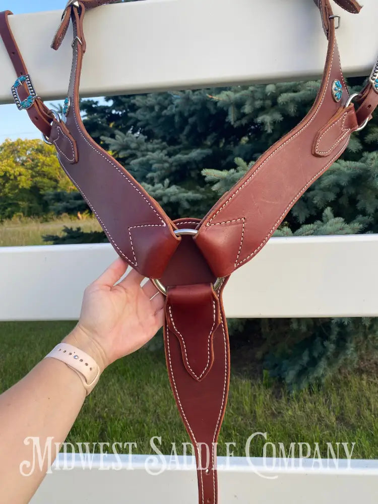 Heavy Duty Contoured Horse Breast Collar W/ Hair On Hide Wither Strap Turquoise Ranch Working Tack
