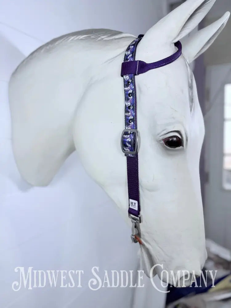 Hot Headstalls “Casper the Ghost” Purple Print Nylon One Ear Headstall with Clips Small Horse Size - Bridles &