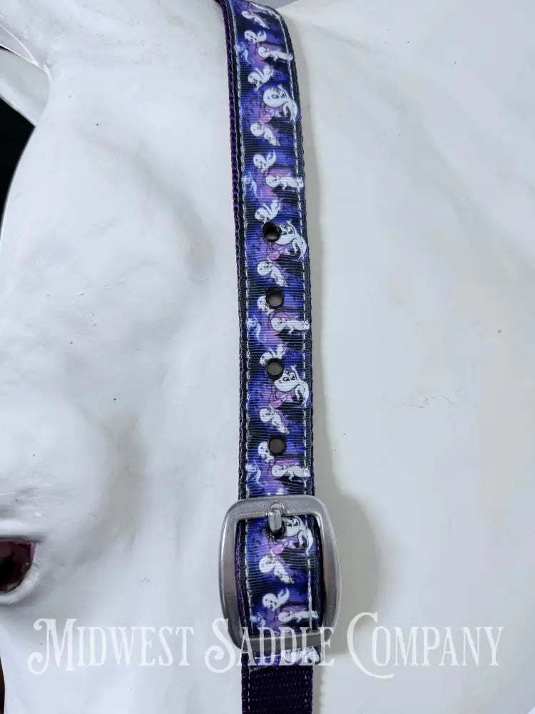 Hot Headstalls “Casper the Ghost” Purple Print Nylon One Ear Headstall with Clips Small Horse Size - Bridles &