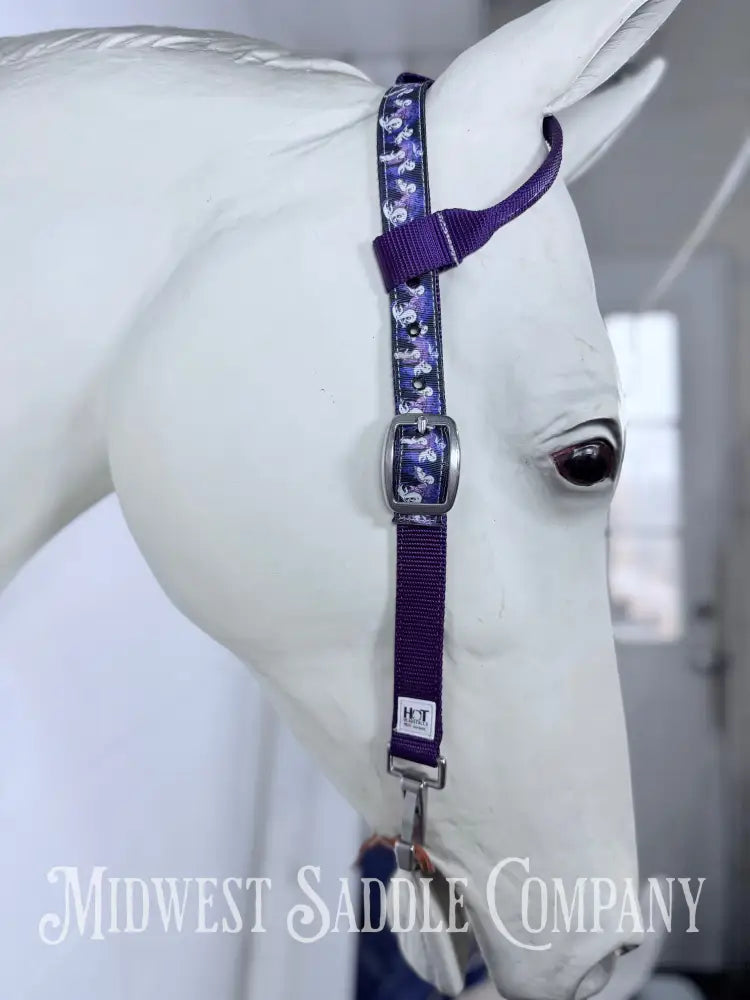 Hot Headstalls “Casper the Ghost” Purple Print Nylon One Ear Headstall with Clips Small Horse Size - Bridles &