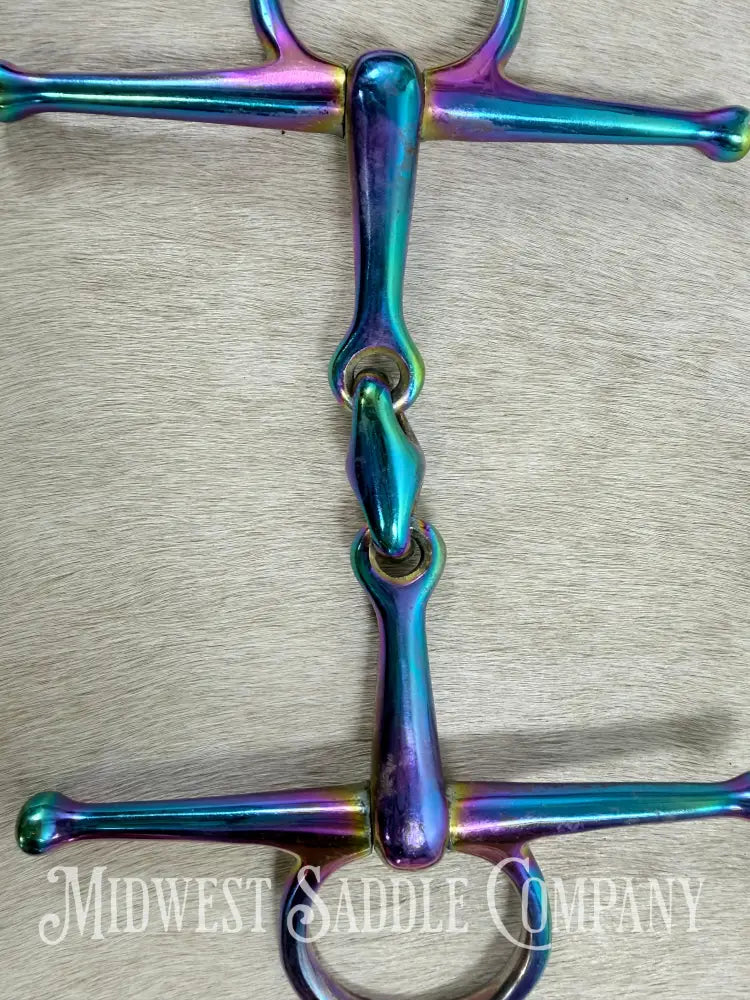 Iridescent Rainbow Full Cheek Double Jointed Lozenge Snaffle Bit 5” Bit