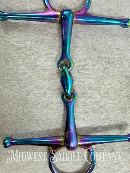 Iridescent Rainbow Full Cheek Double Jointed Lozenge Snaffle Bit 5” Bit