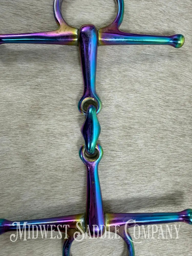 Iridescent Rainbow Full Cheek Double Jointed Lozenge Snaffle Bit 5” Bit