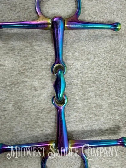 Iridescent Rainbow Full Cheek Double Jointed Lozenge Snaffle Bit 5” Bit
