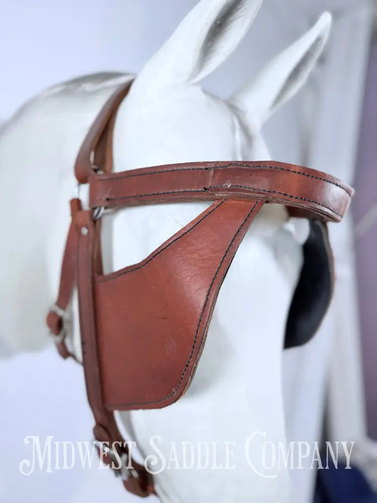 Mule Driving Bridle Headstall with Pigeon Wing Blinds Plain Stitched Leather Full Size - Bridles & Headstalls