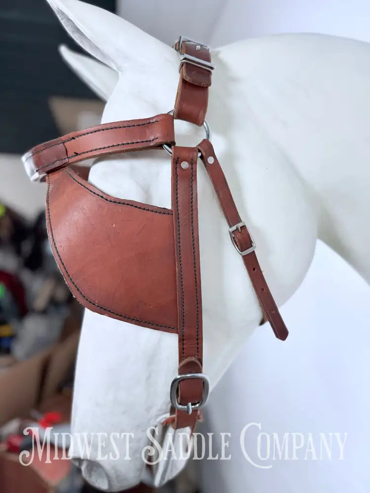 Mule Driving Bridle Headstall with Pigeon Wing Blinds Plain Stitched Leather Full Size - Bridles & Headstalls