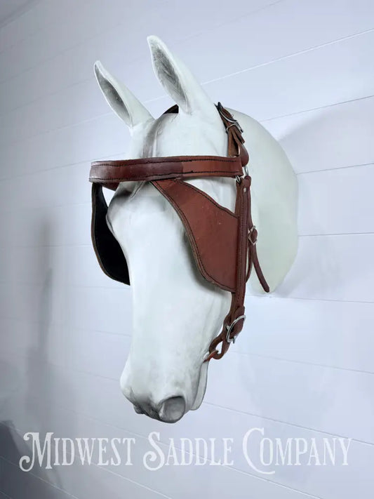 Mule Driving Bridle Headstall with Pigeon Wing Blinds Plain Stitched Leather Full Size - Bridles & Headstalls