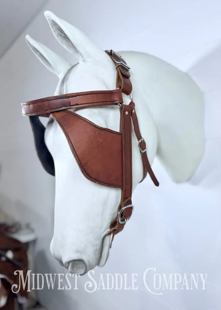 Mule Driving Bridle Headstall with Pigeon Wing Blinds Plain Stitched Leather Full Size - Bridles & Headstalls