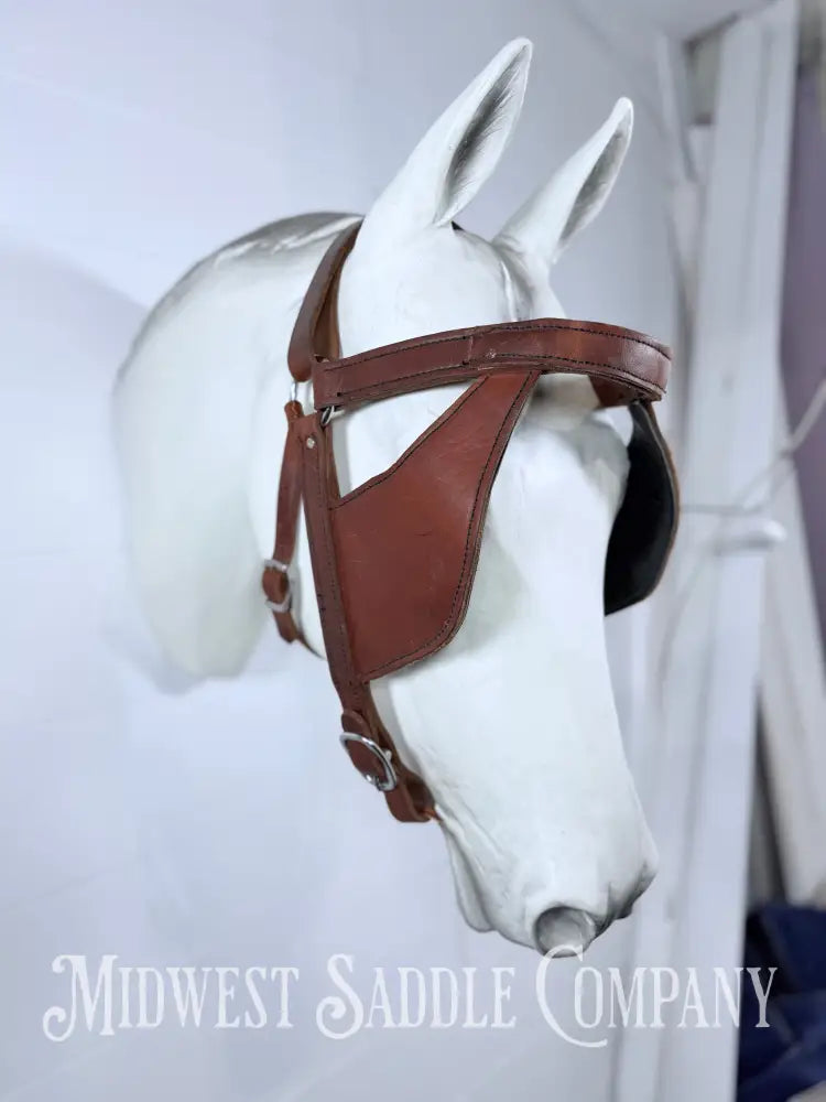 Mule Driving Bridle Headstall with Pigeon Wing Blinds Plain Stitched Leather Full Size - Bridles & Headstalls