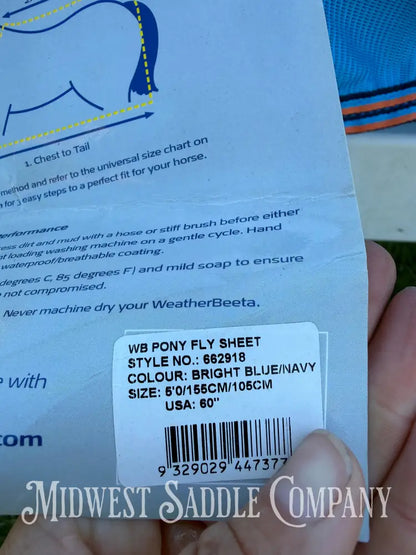 New 60” Weatherbeeta Airflow Pony Fly Sheet UV Protection Standard Neck - Bright Blue Navy & Orange - Fly Sheet