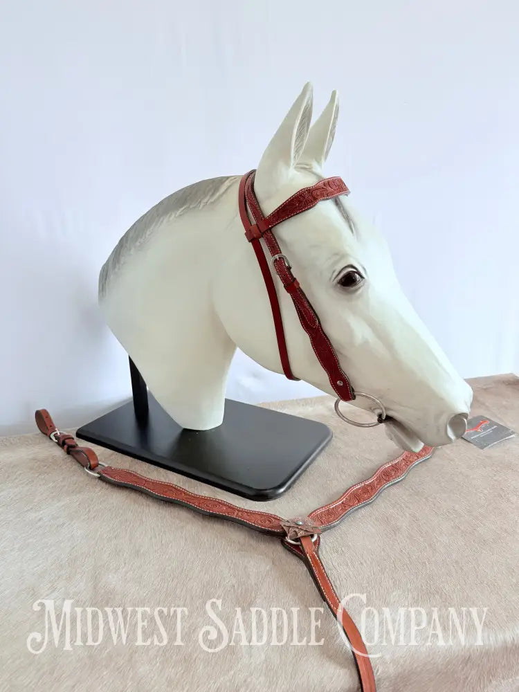 New Circle Y Leather Floral Headstall & Breast Collar Tack Set Full Horse Size - Copper Concho Turquoise Tack Set