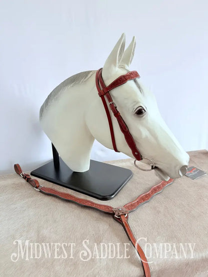 New Circle Y Leather Floral Headstall & Breast Collar Tack Set Full Horse Size - Copper Concho Turquoise Tack Set