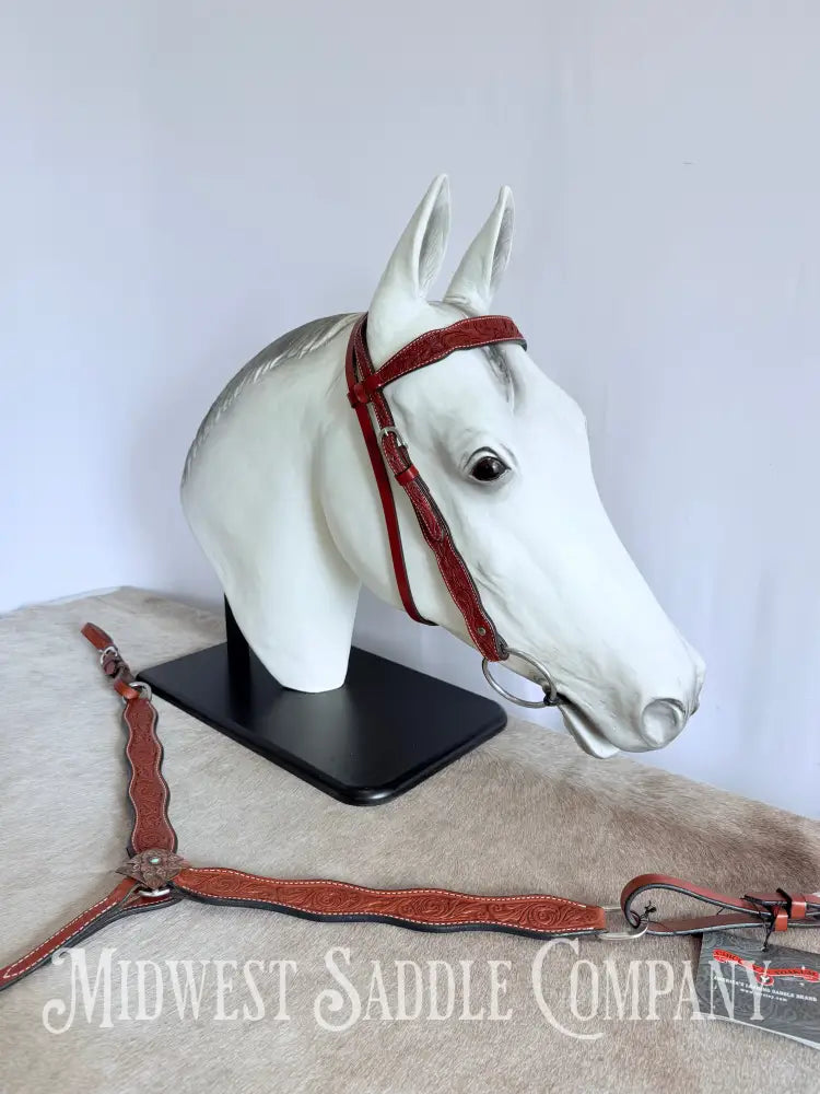 New Circle Y Leather Floral Headstall & Breast Collar Tack Set Full Horse Size - Copper Concho Turquoise Tack Set