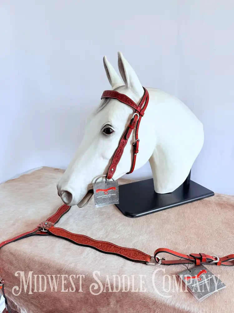 New Circle Y Leather Floral Headstall & Breast Collar Tack Set Full Horse Size - Copper Concho Turquoise Tack Set