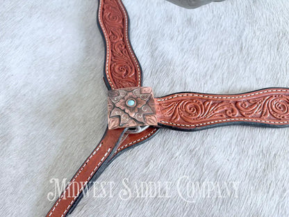 New Circle Y Leather Floral Headstall & Breast Collar Tack Set Full Horse Size - Copper Concho Turquoise Tack Set