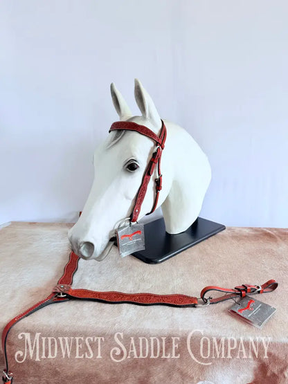 New Circle Y Leather Floral Headstall & Breast Collar Tack Set Full Horse Size - Copper Concho Turquoise Tack Set