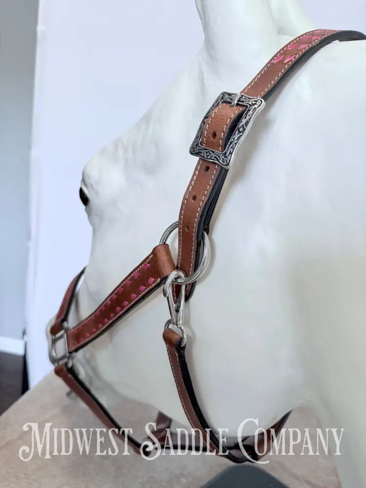 Pink Buckstitch Western Leather Halter - Large Horse Size Halter