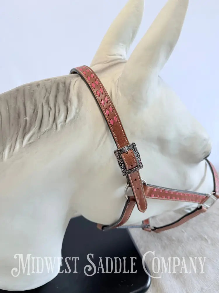 Pink Buckstitch Western Leather Halter - Large Horse Size Halter