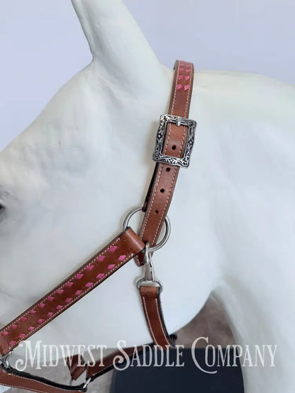 Pink Buckstitch Western Leather Halter - Large Horse Size Halter