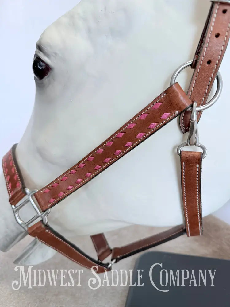 Pink Buckstitch Western Leather Halter - Large Horse Size Halter
