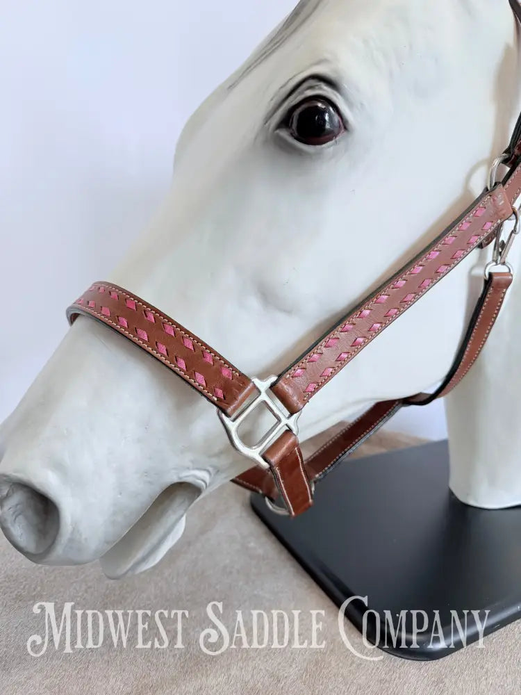 Pink Buckstitch Western Leather Halter - Large Horse Size Halter