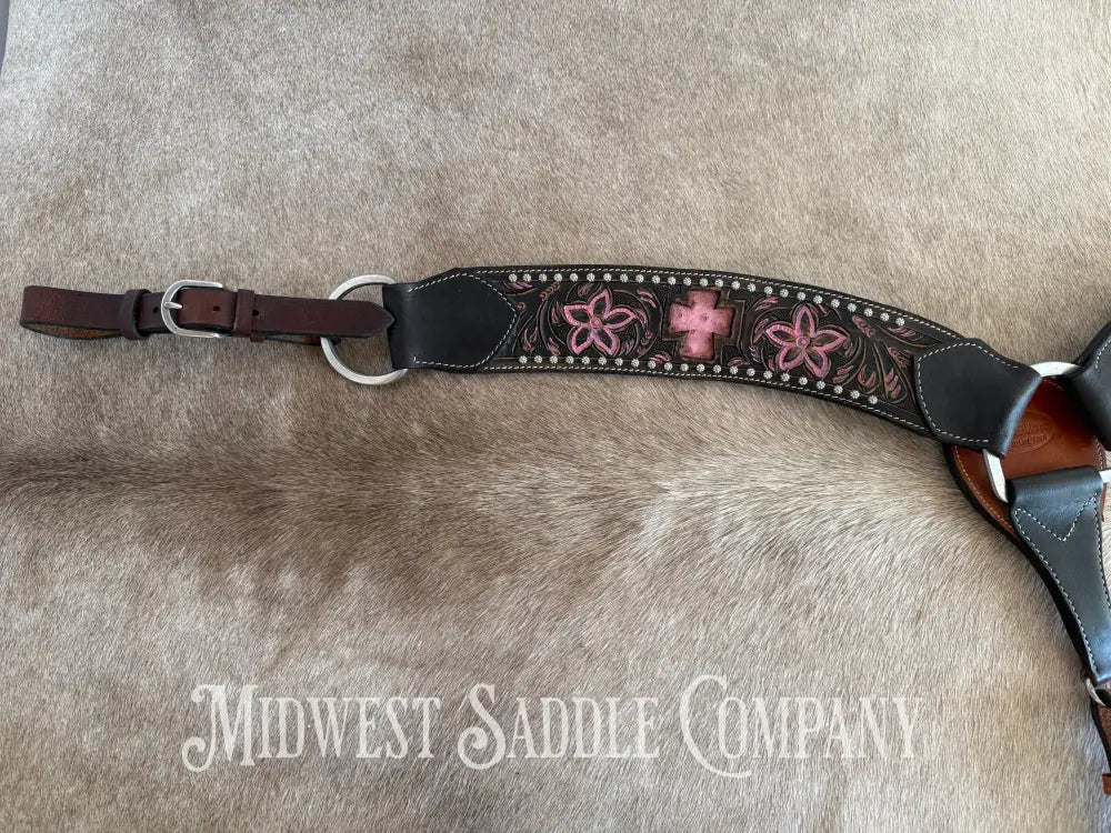 Pro Rider Pink Cross & Floral Tooling Western Breast Collar – Midwest Saddle Company, LLC Pro Rider Pink Cross & Floral Tooling Western Breast Collar – Midwest Saddle Company, LLC
