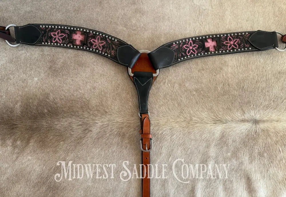 Pro Rider Pink Cross & Floral Tooling Western Breast Collar Breast Collar