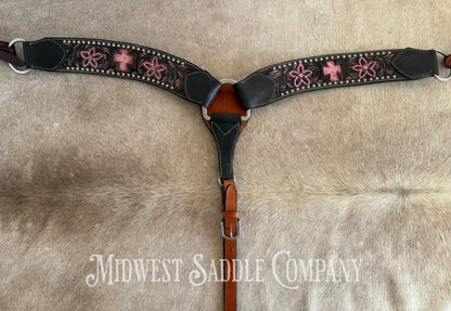 Pro Rider Pink Cross & Floral Tooling Western Breast Collar Breast Collar