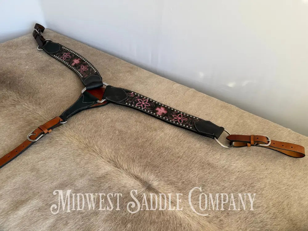 Pro Rider Pink Cross & Floral Tooling Western Breast Collar Breast Collar