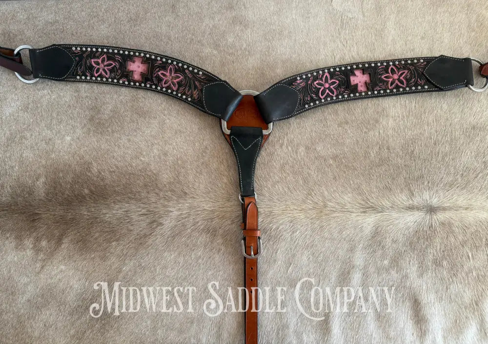 Pro Rider Pink Cross & Floral Tooling Western Breast Collar Breast Collar
