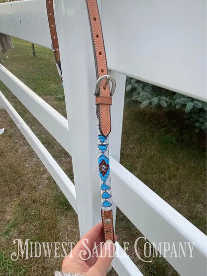 Southwestern Beaded Headstall & Breast Collar Horse Tack Set - Blue Maroon White