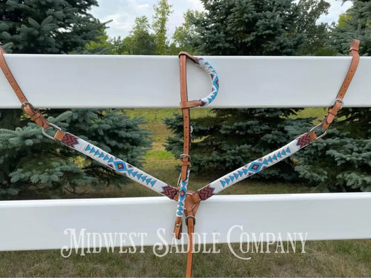 Southwestern Beaded Headstall & Breast Collar Horse Tack Set - Blue Maroon White