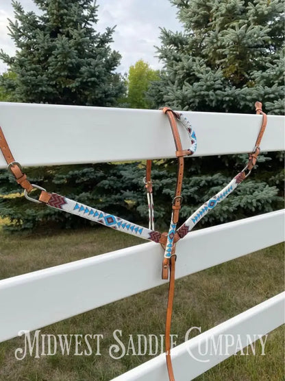 Southwestern Beaded Headstall & Breast Collar Horse Tack Set - Blue Maroon White