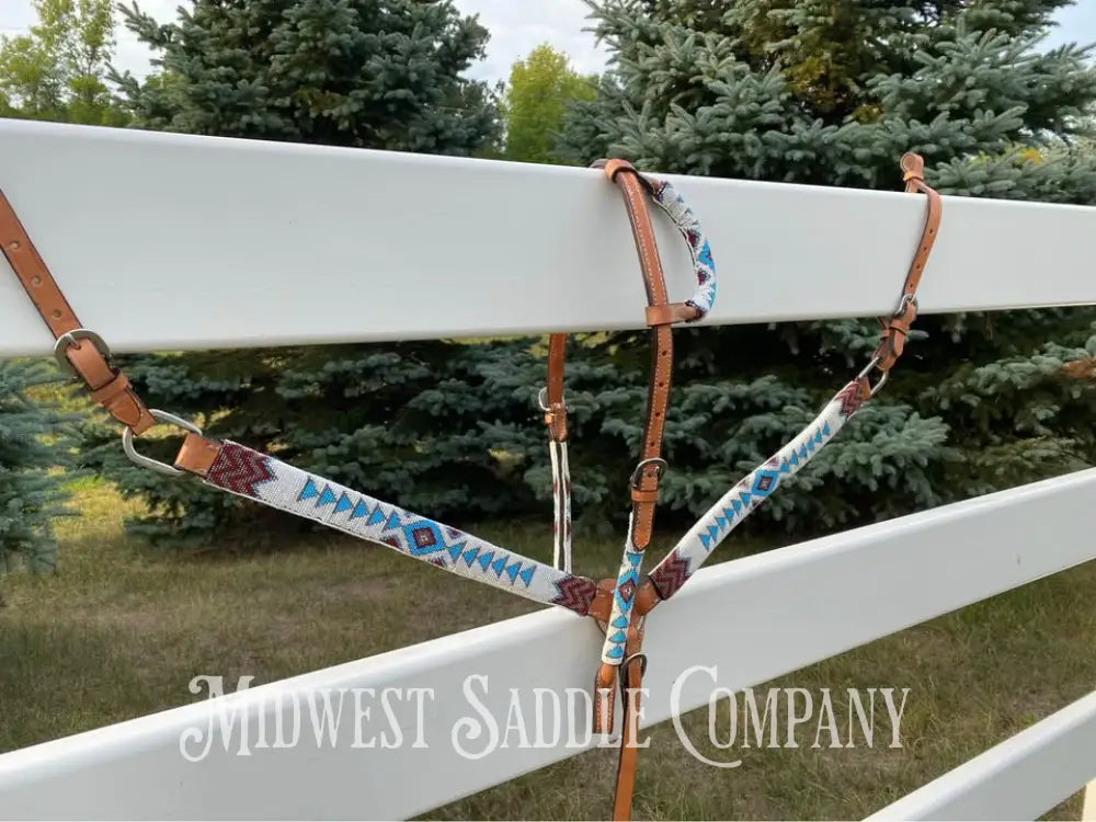 Southwestern Beaded Headstall & Breast Collar Horse Tack Set - Blue Maroon White