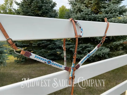 Southwestern Beaded Headstall & Breast Collar Horse Tack Set - Blue Maroon White
