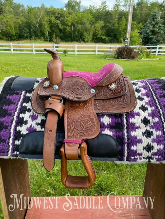 Tiny 7.5” Western Saddle W/ Pink Suede Seat - Toddler Kid’s Youth Pony