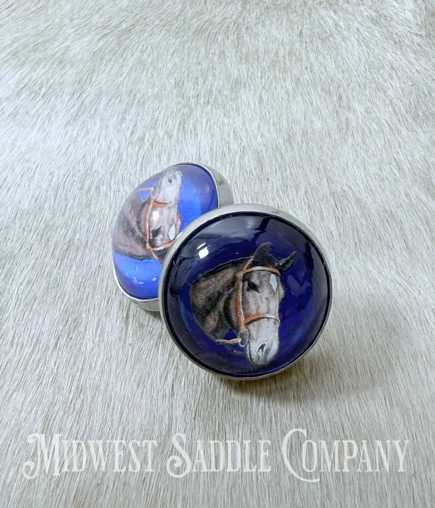 Vintage Blue Horse Head Portrait Bridle Rosettes Set of 2 Conchos